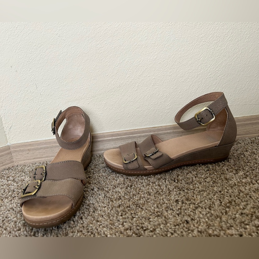 Dansko Taupe Brown Leather Ankle Strap Sandals